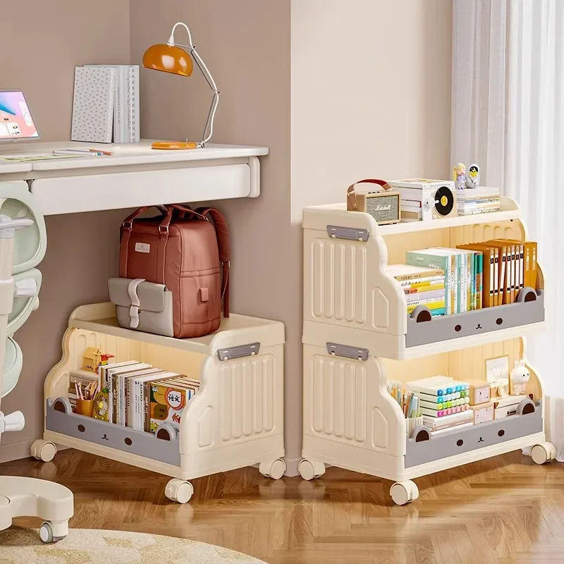 Freestanding Foldable Plastic Bookcase Kids Library Shelf Large Capacity 4-Tier Display Stand Living