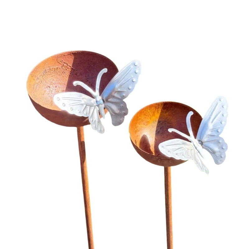 

Metal Bird Bath Stake Pair with White Butterfly Bowls, Outdoor Water Cups 10cm/3.94in and 8cm/3.15in, 65cm/25.59in Yard for 37JD