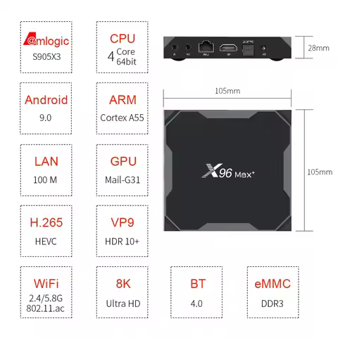 X96 Max+ Amlogic S905X3 Android 9.0 TV Box 2.4G&amp;5.0G Wifi BT4.0 2G 16G/4G 32G 64G 8K 10+HDR X96MAX PLUS