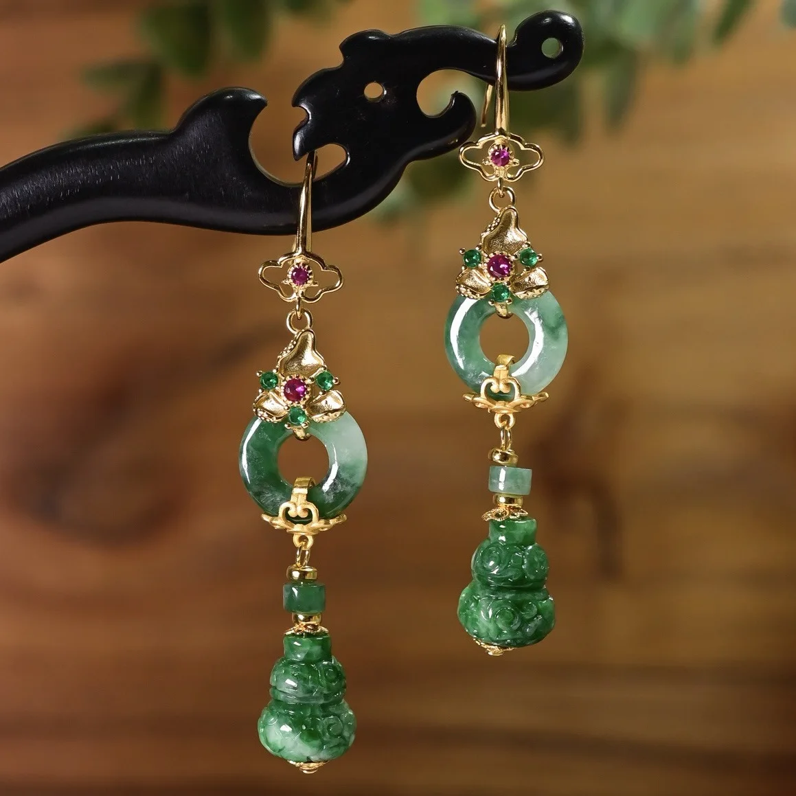 Natural Grade A Carved Jadeite Gourd Drop Earrings Floating Green Peace Buckle Gold Plated S925 Silver Chinese Ear Jewelry