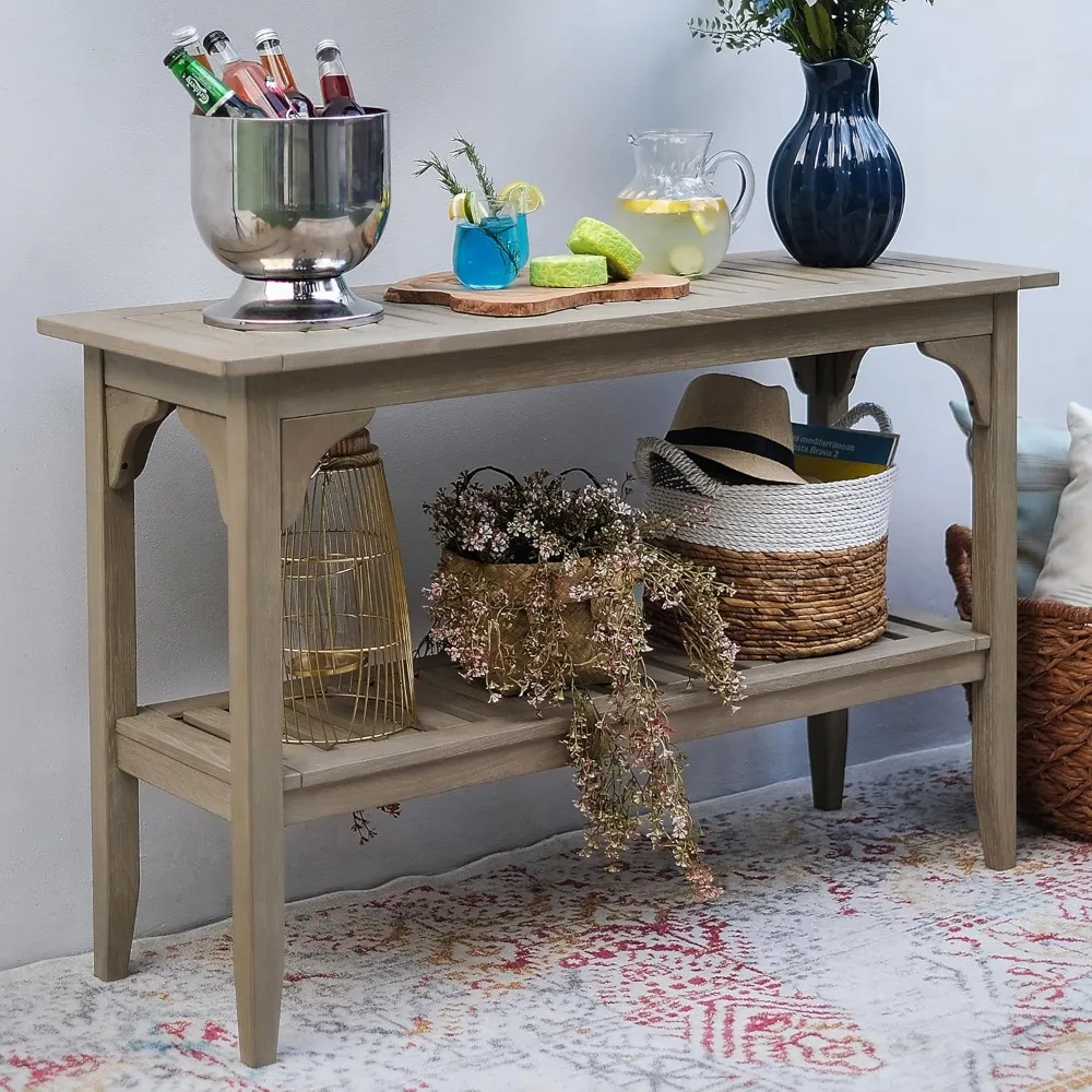 Table console d'intérieur et d'extérieur en bois de teck, planche multifonctionnelle, bar de rangement, Auburn, Gris patiné, 47 po, 2 étagères. c