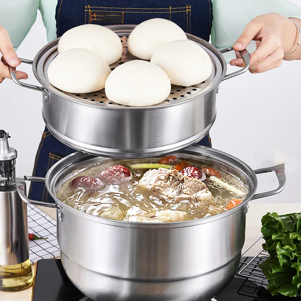 

1pc Stainless Steel Steamer 28Cm Three-Layer Soup Steam Pot High Arch Cover Large Capacity For Induction Gas Cooker Folding