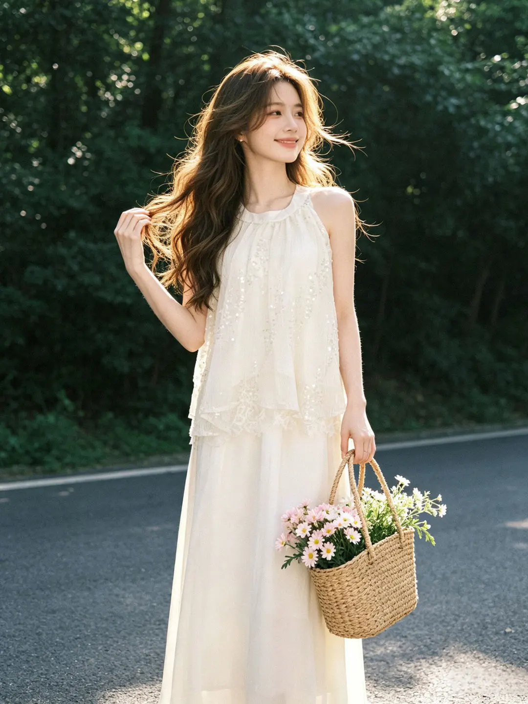 

Gentle Breeze Unique Beautiful Hanging Neck Top Half Skirt Two Piece Set Anti Aging Summer 2026 Fashion Ensemble
