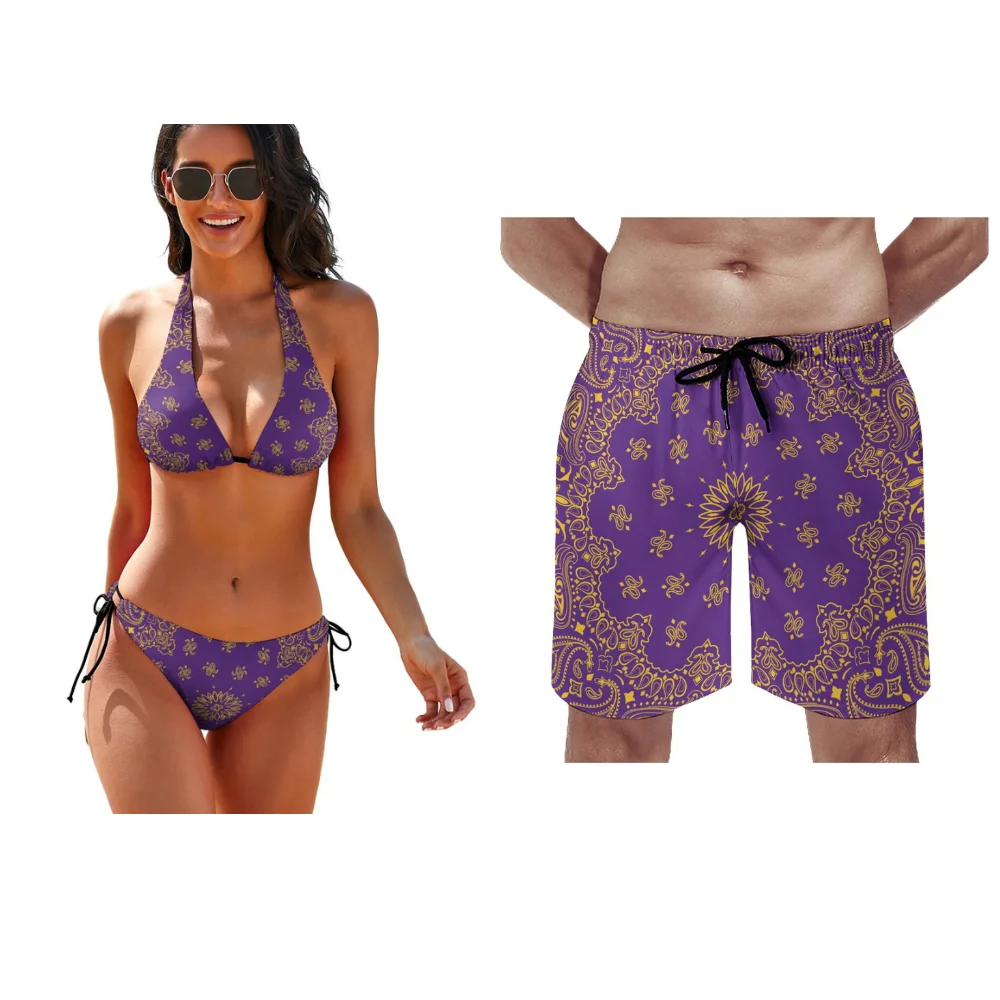 

Custom Bandana Couple Swimsuit Party Couple Swimsuit Beach Sexy Bikini Strap Design Men's Athletic Shorts Surf Trunks