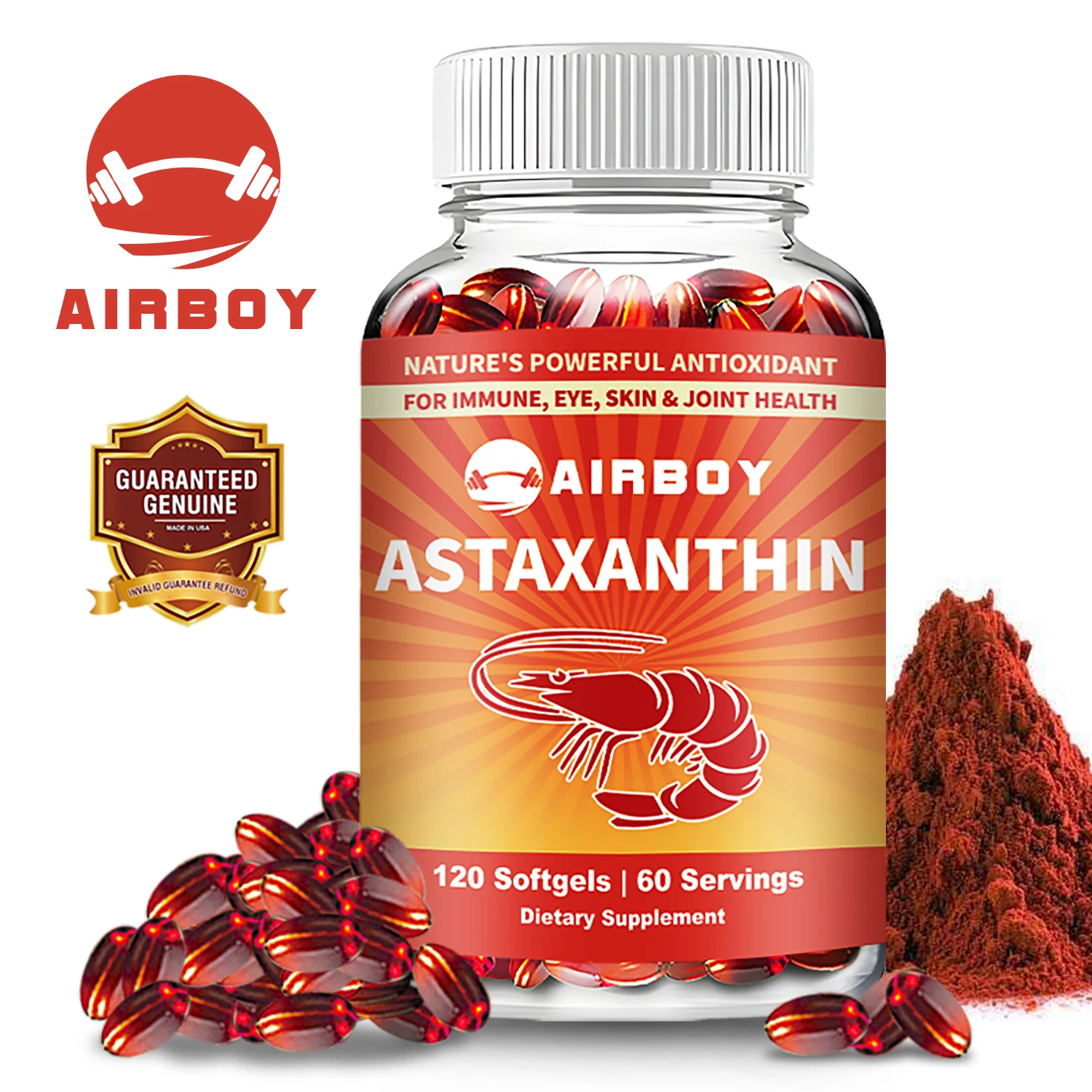 

Astaxanthin - Antioxidant, Brightens Skin, Cellular Health, Supports Immune, Joint, Skin & Eye Health, Boosts Metabolism,Non-GMO