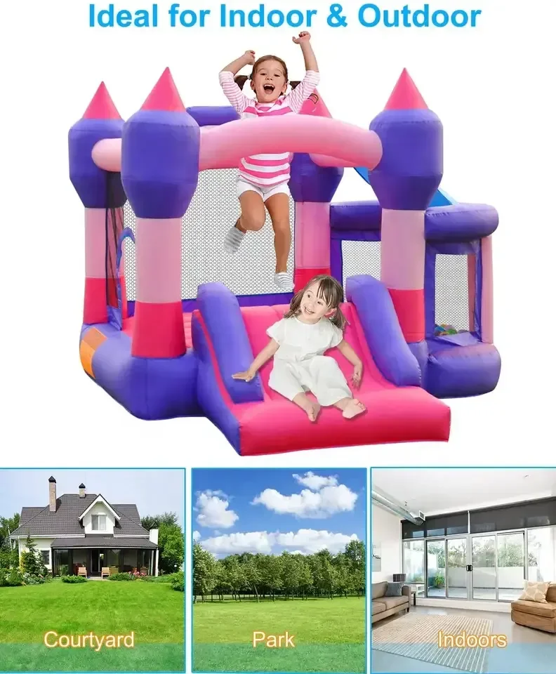 قلعة أرجوانية قابلة للنفخ للأطفال في الأماكن المغلقة والخارجية، منزل نطاط قابل للنفخ صغير ومتوسط الحجم، منزل ممتع وحمام سباحة كروي