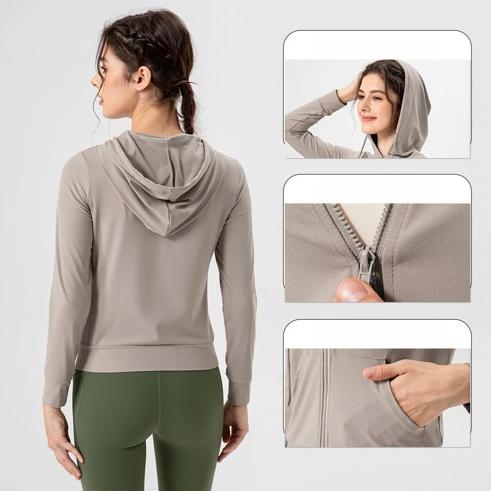Women Fall Hooded Yoga Jacket Slim Fit Naked Feeling High Stretch Breathable Running Sports Coat