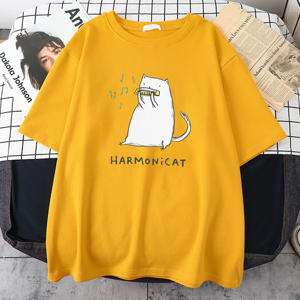 Harmonica Playing Cat Printed Men Shirts Cotton Skin Friendly Casual Teesfunny All-Match Summertshirtcartoon Hipster Tee For Man