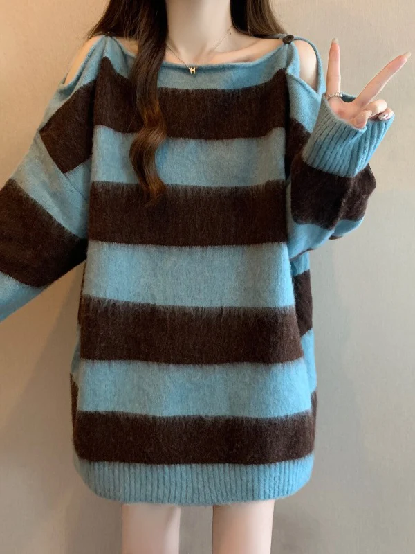 

Korean Style Striped Shoulder Bared Sweater Women's plus Size Mid-Length Knitted Top Spring 2026 New Arrival Loose Fit