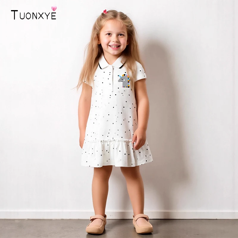 TUONXYE Weißes Mädchenkleid mit schwarzem Punkt, Baby-Mädchen-Polokleid für Kinder, Sommerkleid für Kinder, Freizeitkleid, Baumwolle, Einhorn-Kostüme
