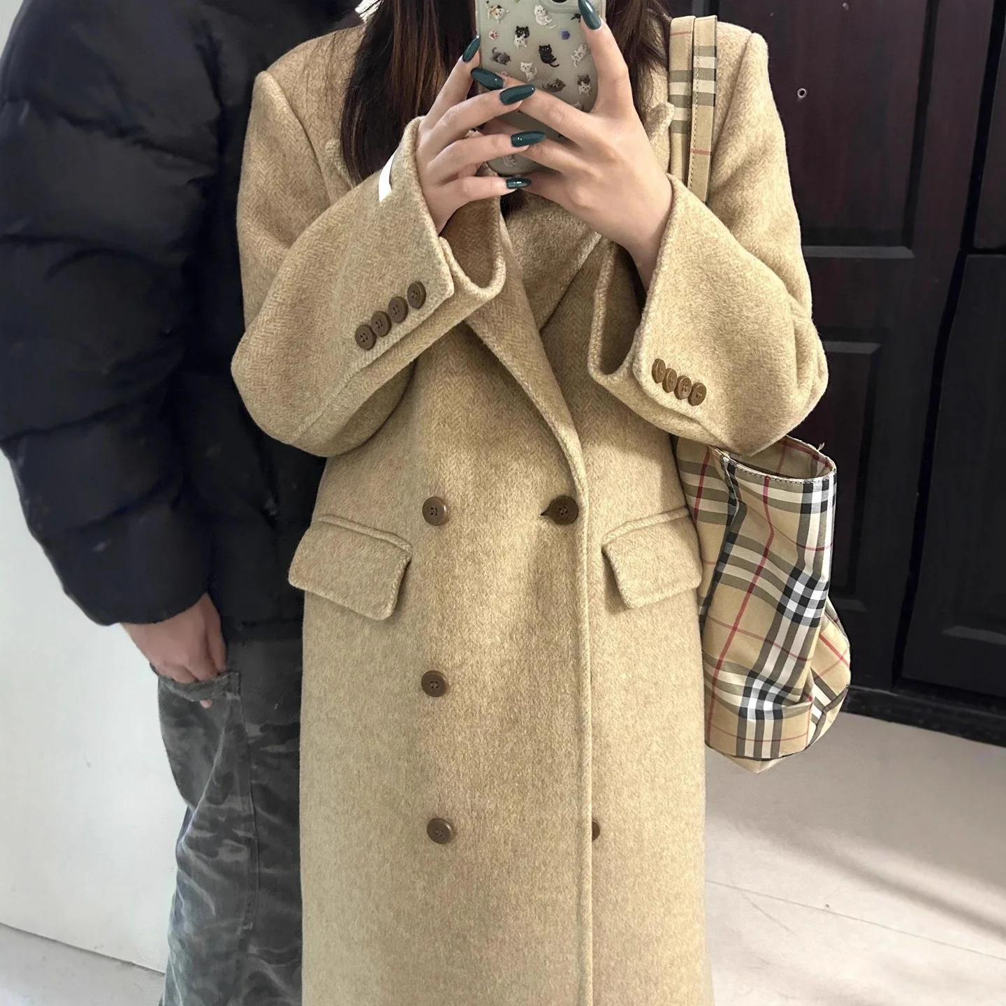 2026 New Women's Herringbone Lapel Double-Faced Cashmere Coat Double Breasted Knee-Length Slimming Woolen Jacket Elegant Commute