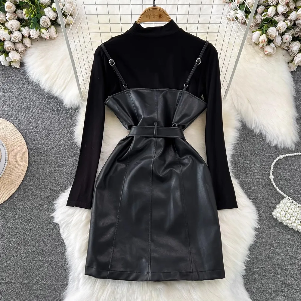 Fashion Two Piece Set PU Leather Dress Women Spring Autumn Spaghetti Strap Mini Dress With Belt Black Sundress Vestidos