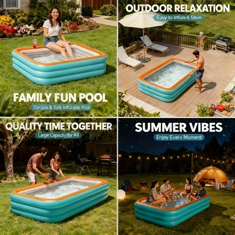 Inflatable foldable rectangular pool for adults and kids, ideal for backyard use and fun outdoor water parties in leisure time