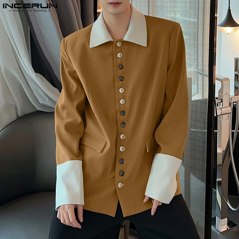 INCERUN Thin Blazer Men Suits  Long Sleeve Autumn Stitching Color Button Tops Streetwear Oversized Lapel  Casual Suits S-5XL