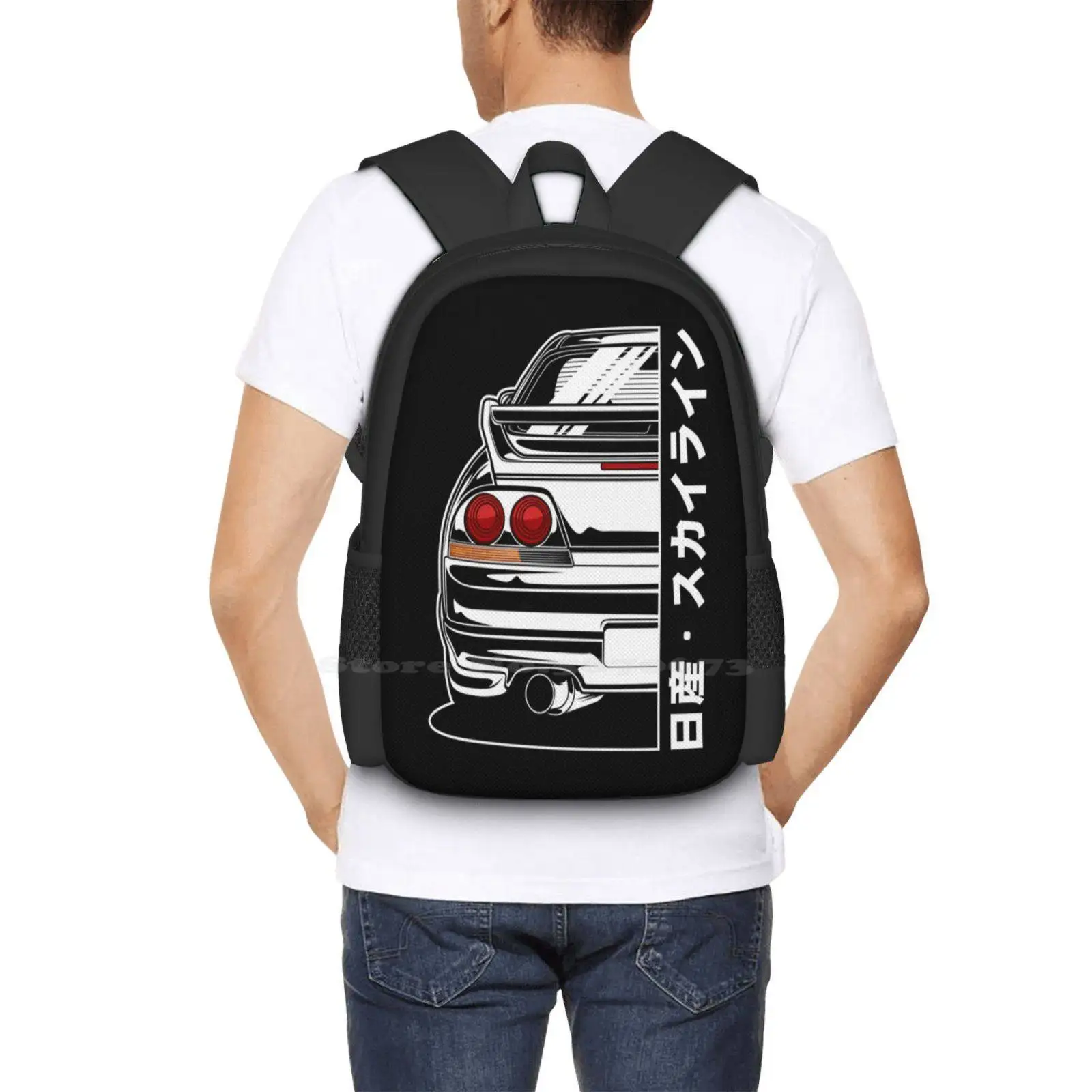 Skyline R33 Gtr (cetakan putih) kaus esensial ransel obral besar tas mode Skyline R33 Gtr putih esensial