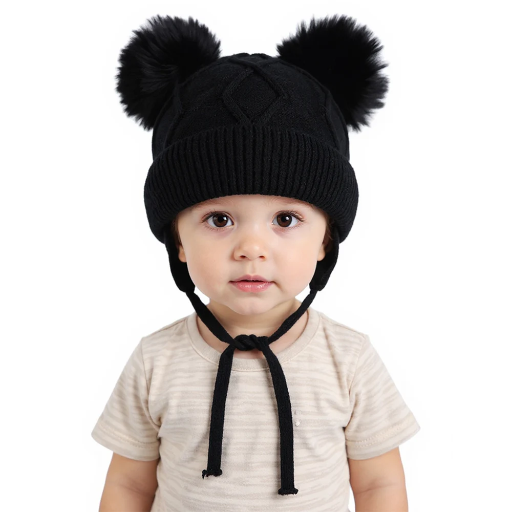 Neue Herbst Winter Doppel Ball Gestrickte Baby Hut für Mädchen Jungen Baby Straps Motorhaube mit Ohrenschützer Outdoor Kinder Ohr Schutz Hut