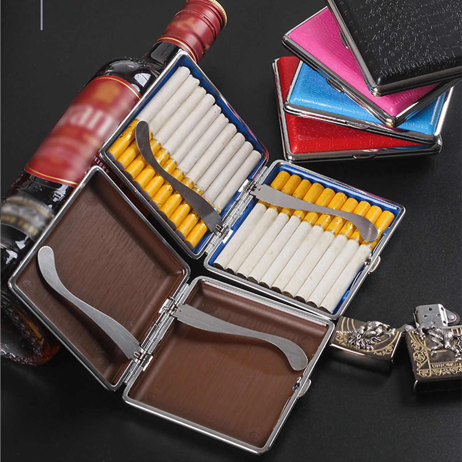 Imitation Crocodile PU Cigarette Box 20 Sticks Cigarettes Storage Case Tobacco Container Double-open Metal Cigarette Holder Box