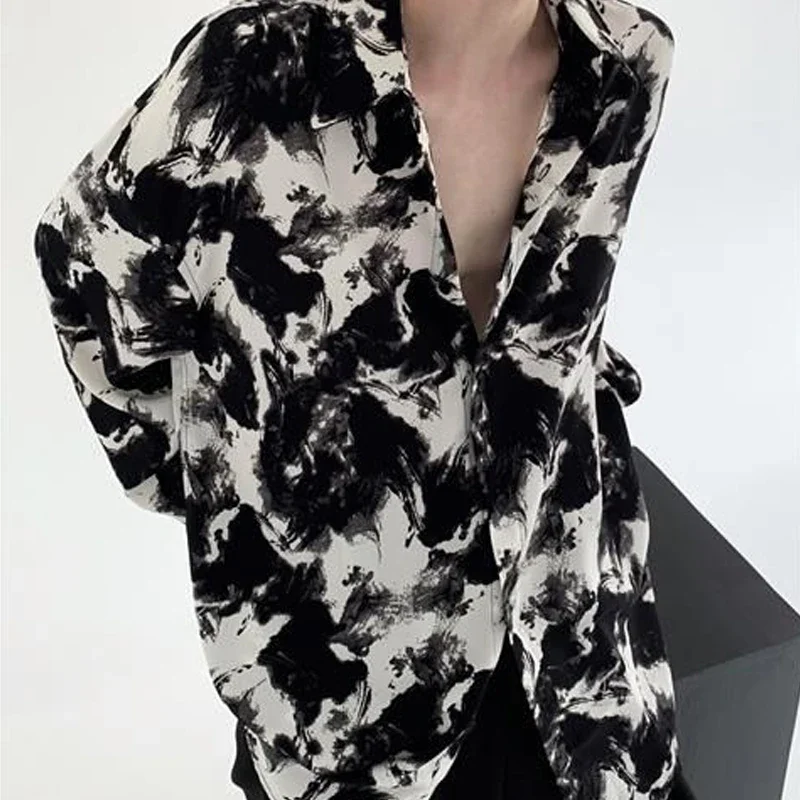 Summer New Ice Silk Shirts Loose Casual Daily Turn-down Collar Graphic Sense Abstract Pattern Streetwear Single Breasted Shirt