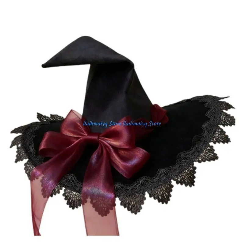 573B Lightweight Witch Hat for Cosplay Pointed Costume Hat with Lace and Flowing Ribbon Accent for Stage Wear