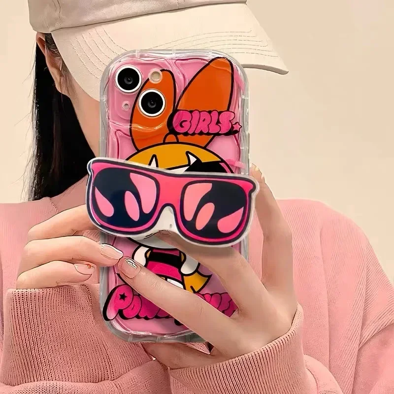 The Powerpuff Girls Glasses Holder Wave Case for iPhone 16 15 14 11 Pro Max 13 12 Mini XR XS X 8 7 Plus Soft Silicone Back Cover