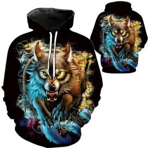 Spring and Autumn 3D three-dimensional Wolf personality trend brand loose plus size men hooded insert bag hoodie coat shirt