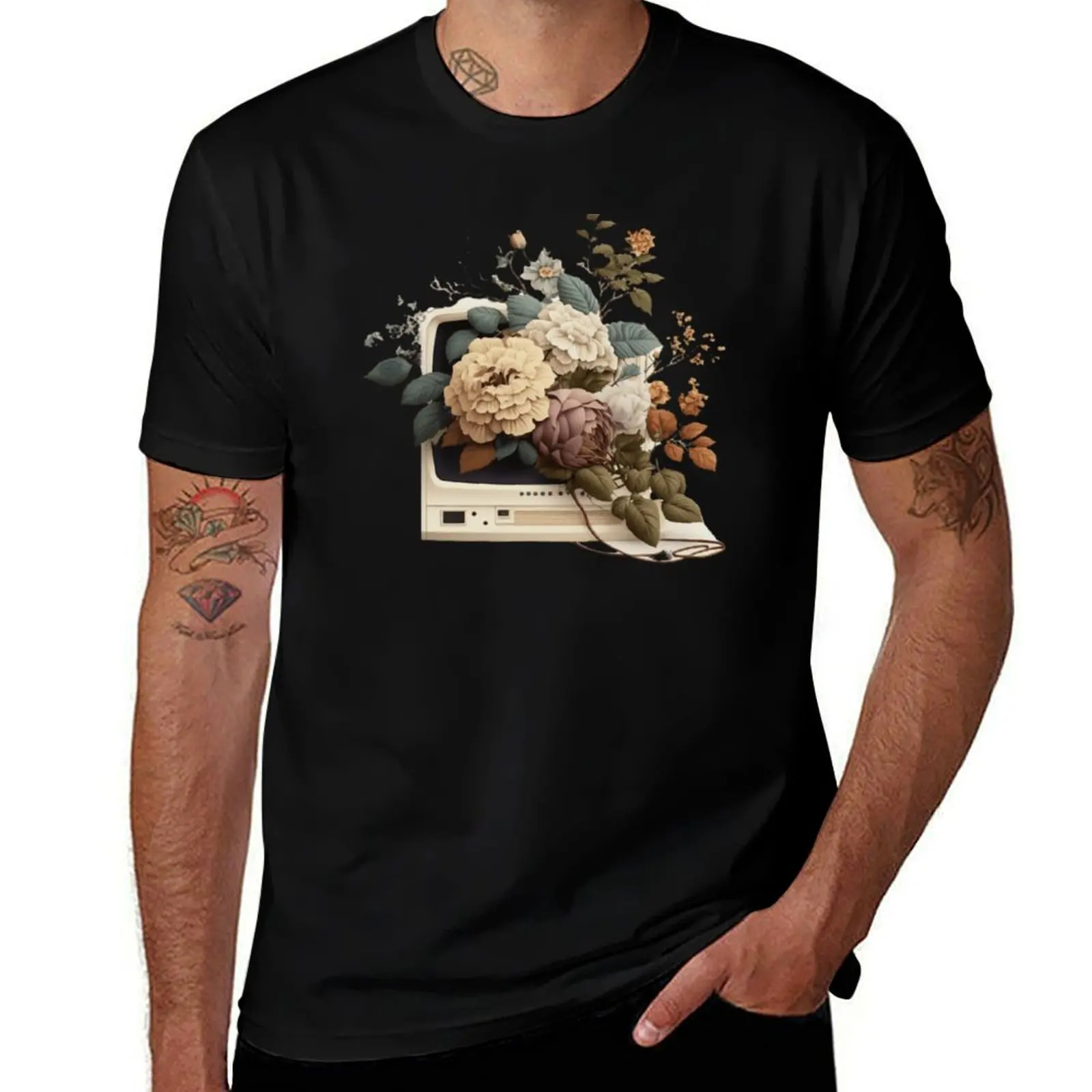 

Aesthetic Flowers and TV Vintage Art T-Shirt baggy shirts kawaii clothes heavyweight t shirts for men