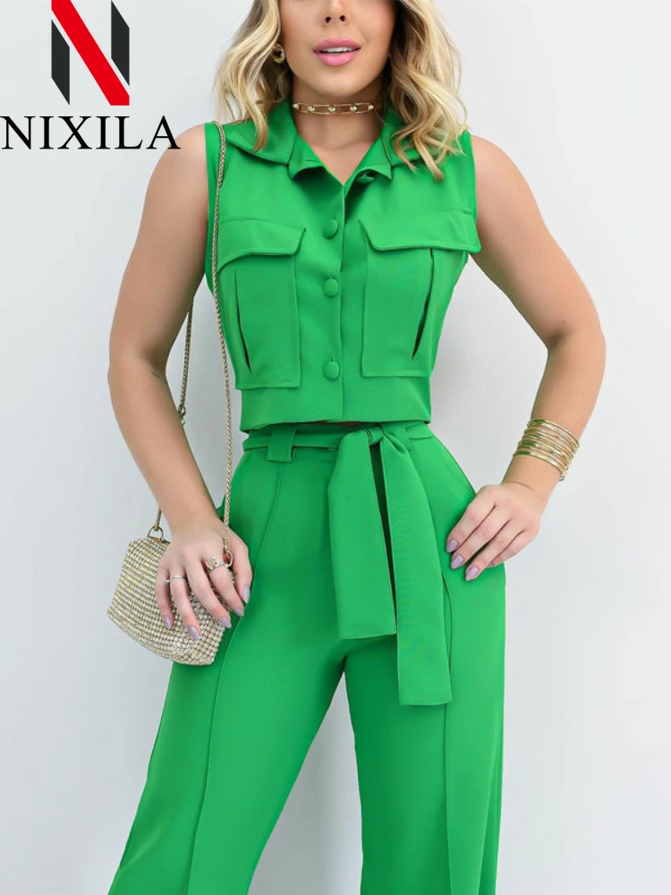 New in Spring Summer Sleeveless Shirt Long Pants Sets Fashion Casual  Elegant Office 2 Piece Sets Womens Outfits Female Clothes