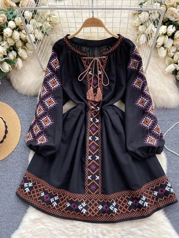 Women's Spring Dress Bohemian Retro Ethnic Style Diamond Cotton Linen Blend Embroidered  Lantern Sleeves Mini Dress DS003 - AliExpress 200000345