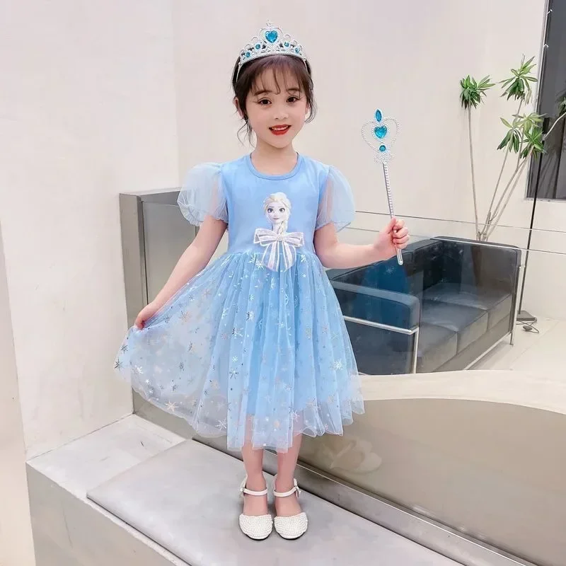 

New Disney Girls DressShort Sleeve Kids Clothes Princess Dresses Frozen Elsa Party Baby Dresses for Children Clothing