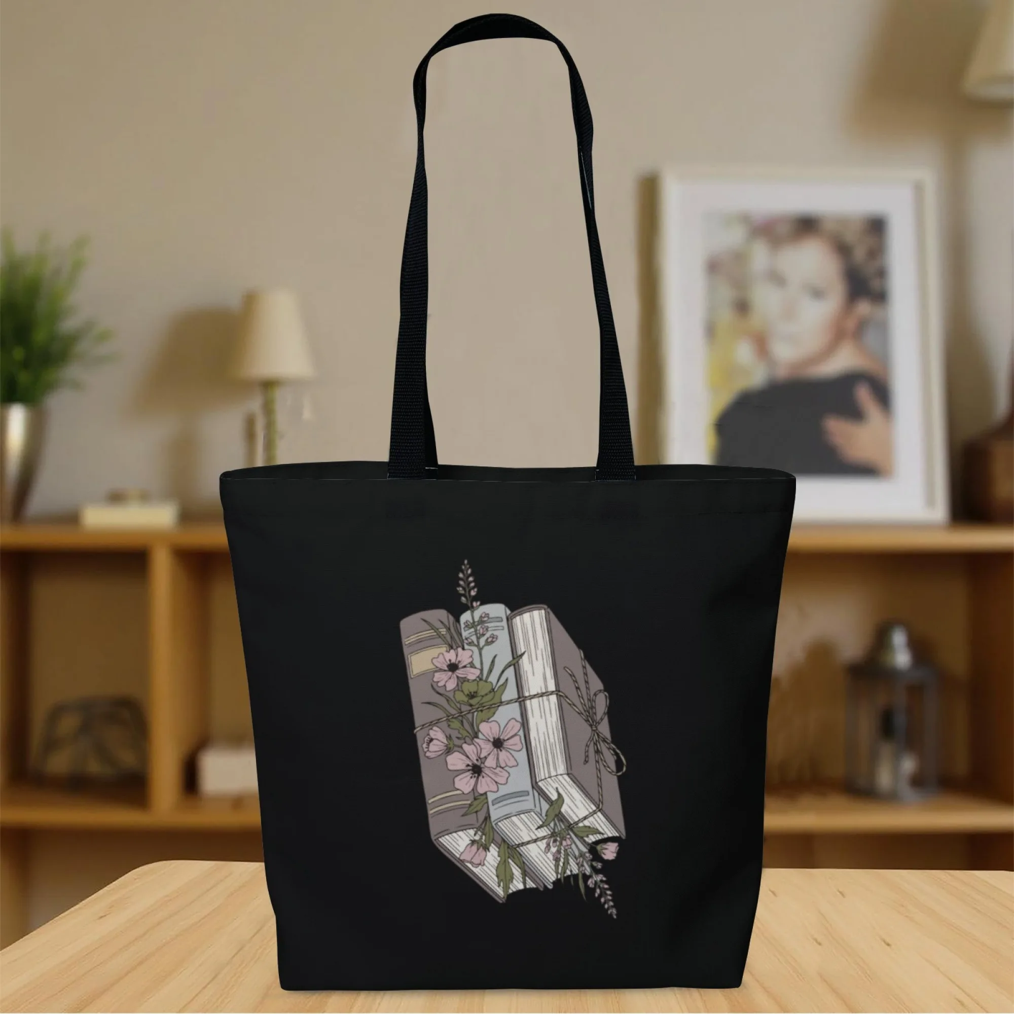 حقيبة كتف قماشية سوداء أدبية للكتاب وحقيبة كتف بتصميم زهور للنساء حقيبة تسوق صديقة للبيئة لزيارات مكتبة الكتب المدرسية وغير الرسمية #3