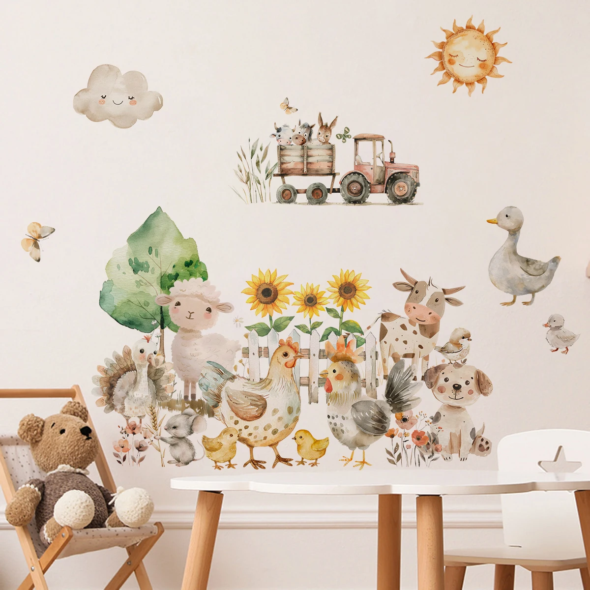 

Boho Farm Animals Tractor Sun Plants Watercolor Wall Sticker Child Room Wall Art Decal Vinyl Kids Room Bedroom Living Home Decor