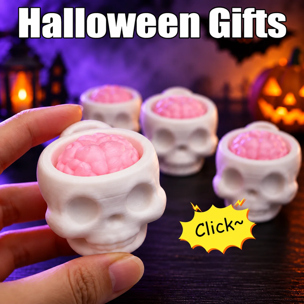 1/3/5 pcs 3D Printed Skull Brain Clicker Keychain Mechanical Keyboard Toy Stress Relief Gift Office School Halloween