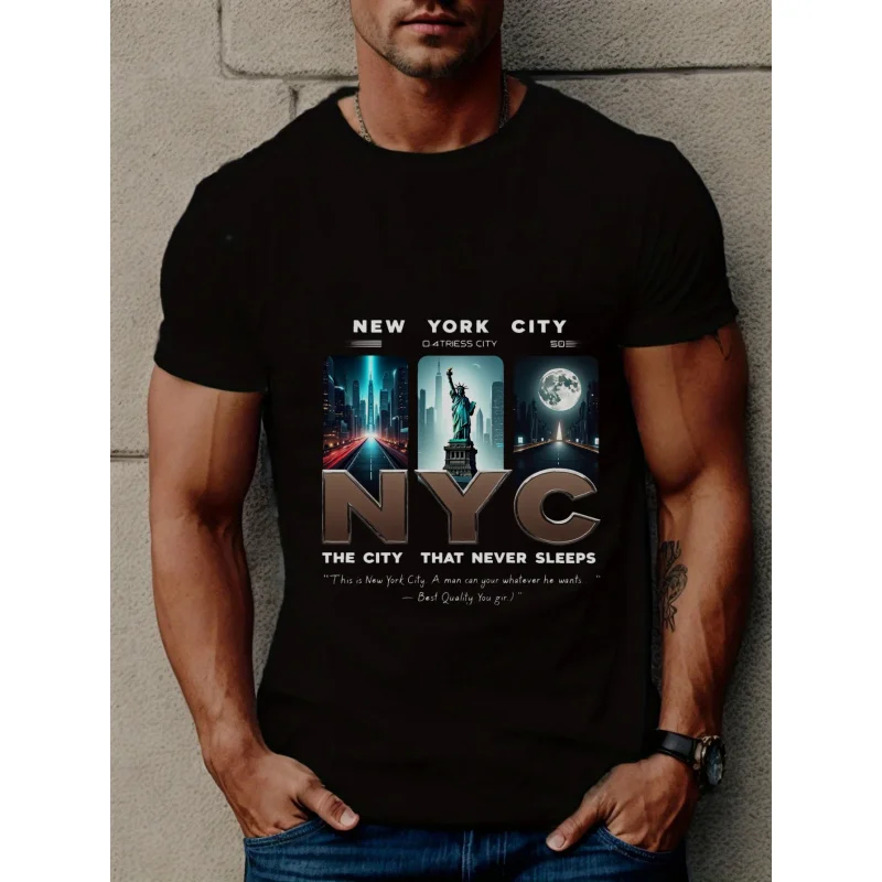 تي شيرت رجالي أسود مدينة نيويورك نيويورك لا ينام أبدًا بنمط مطبوع ونص قطن عالي الجودة 180 جرام #1