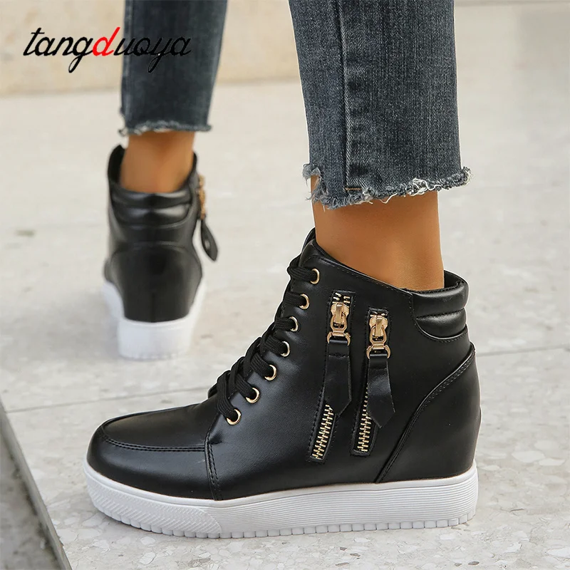 Platform trainers women high top sneakers hidden heel double zipper leather shoes casual ankle boots for women black