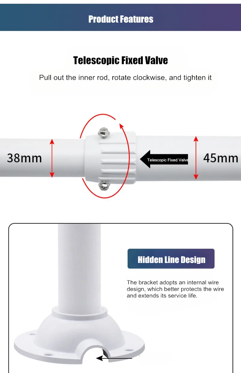 Aluminium-Dome-Kamera-Teleskophalterung für Hikvision Dahua, halbkugelförmige Panoramakamera, an der Wand montierte Hebe-Verlängerungsstange – Detail 8