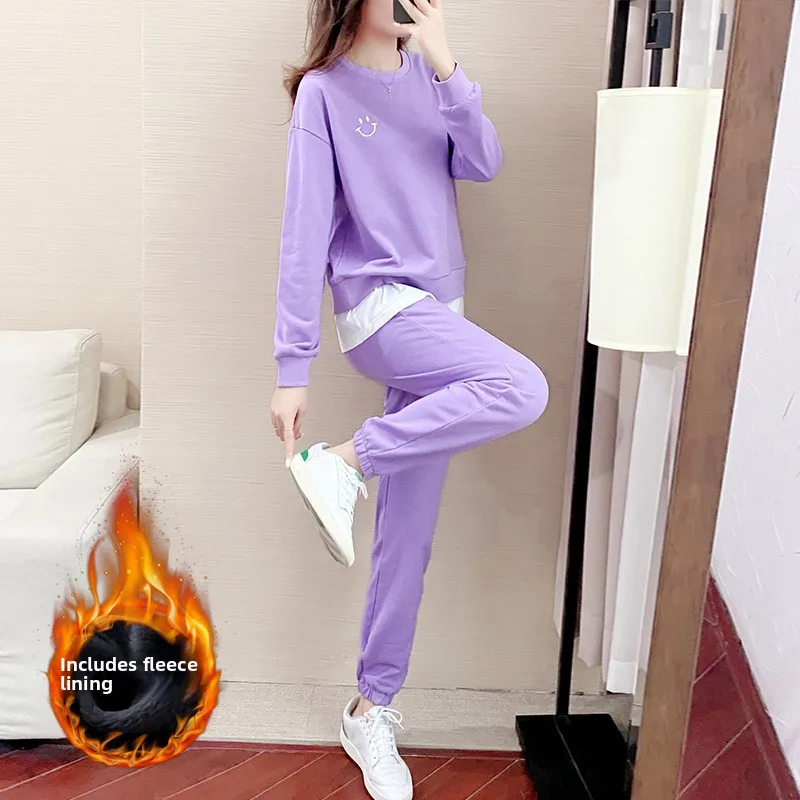 

Casual Sportswear Set for Women Purple Loose Fit Anti-Aging Sweatshirt Trendy Two-Piece Set Cotton Polyester Blend