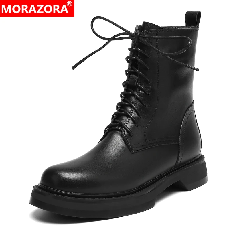 

MORAZORA Большие размеры 34–43, новые ботинки из натуральной кожи, женские ботинки на шнуровке на молнии на среднем каблуке, осенне-зимние зимние ботинки, шерстяные ботильоны