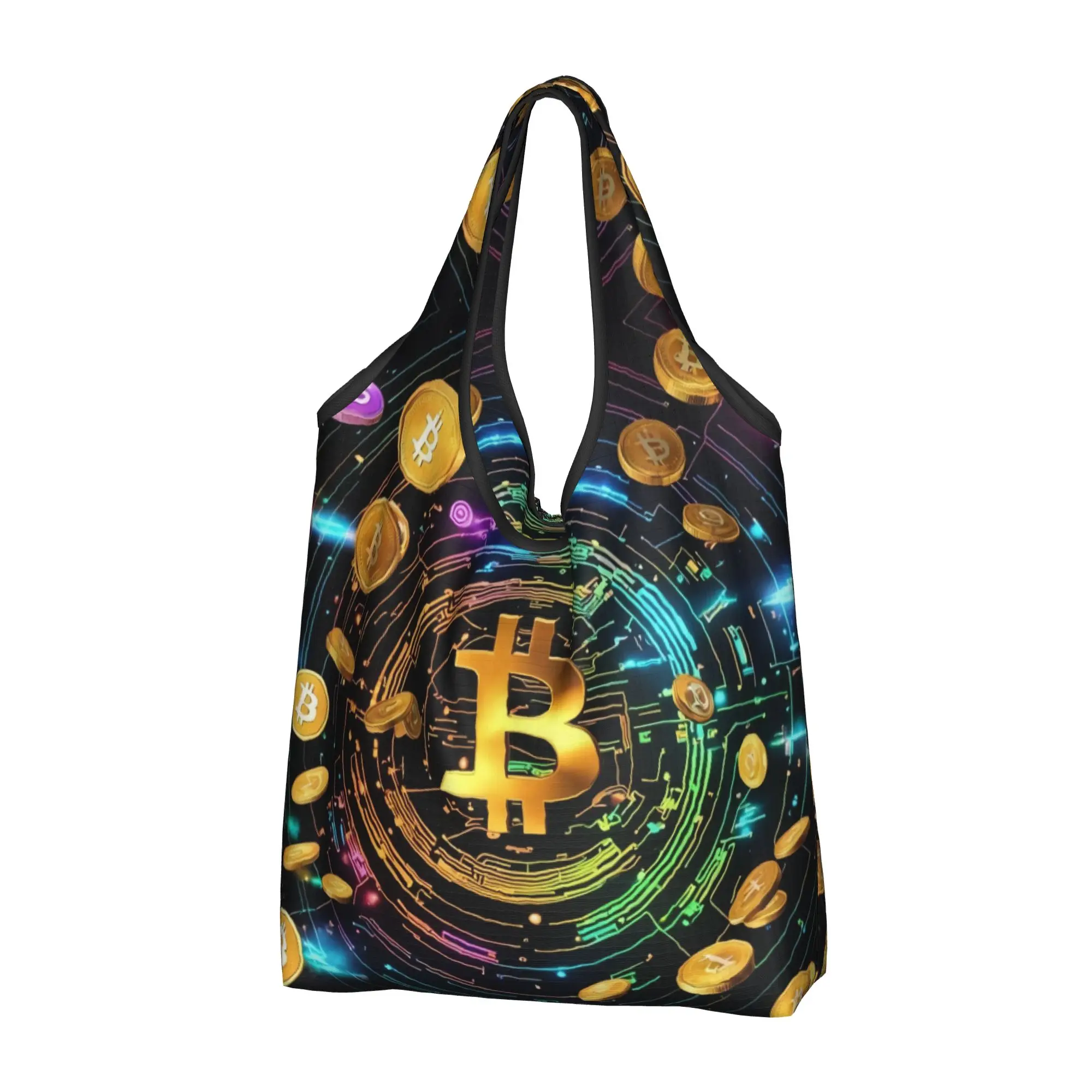 Reusable Crypto Virtual Currency Bitcoin  Shopping Bag Women Tote Bag Portable  Groceries Shopper Bags