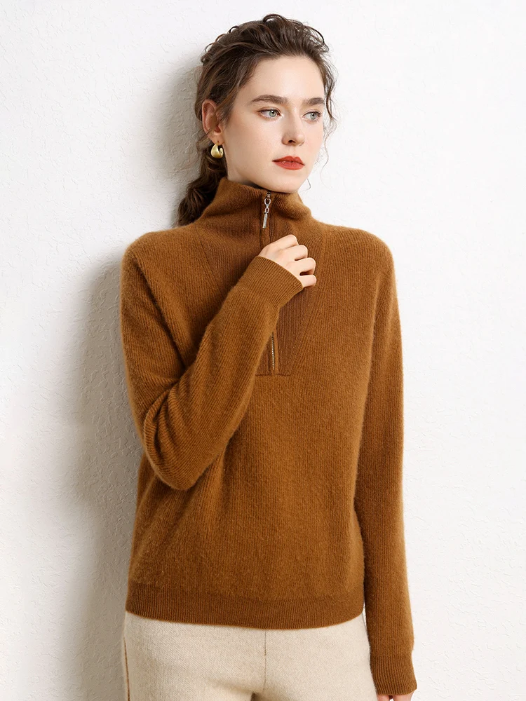 

Women's 100% Cashmere Sweater Turn Down Collar Zipper Pullover Autumn Winter Soft Warm Cashmere Knitwear Casual Jumper Top