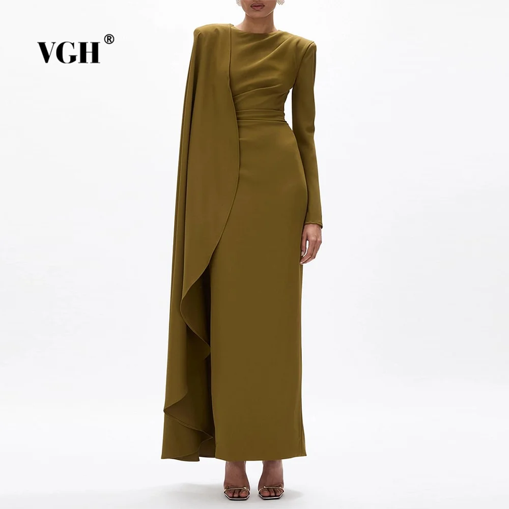 

VGH Fashion Temperament Maxi Dress for Women O Neck Spliced Shawl Long Sleeve High Waist Spliced Zip Evening Dress Female Autumn