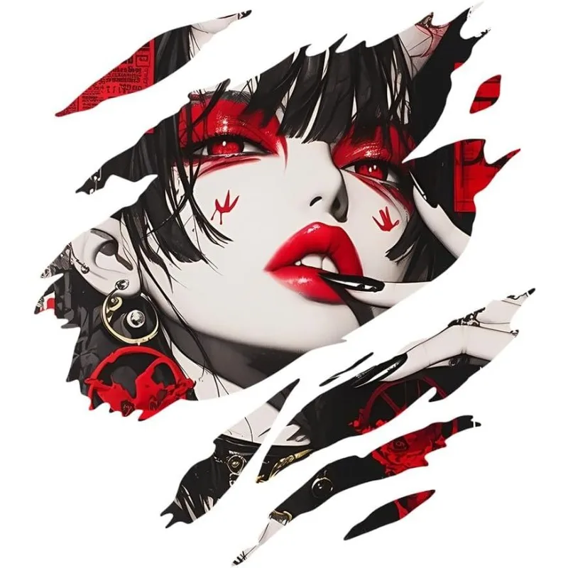 Edgy Red-Eyed Demon Anime Girl Torn Vinyl Sticker, Graffiti Decal for Car Window Trunk Wall Decor image 5