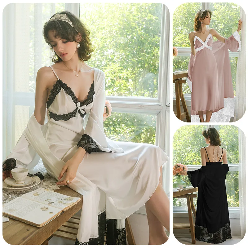 Satin Camisole Nightgown Robe Set Womens Lace Contrast Back Hollow Out Long Multi Homewear Sleepwear Lingerie Pajamas Negligee