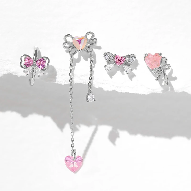 الوردي تشيكوسلوفاكيا زركونيا القلب استرخى طقم من الحلقان للنساء مطلية بالذهب ثقب Bowknot وأقراط امرأة مجوهرات الأزياء الإكسسوار #6