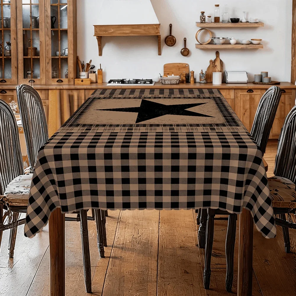 1pc. Brown and black checkered five-star American country-style pattern tablecloth, suitable for a country-style dining tablexzj