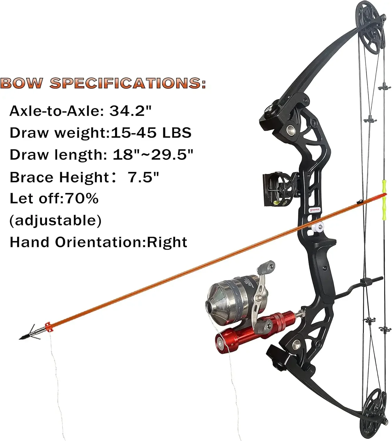 Kit arco con freccia pronto per sparare destrimani 15-45 libbre lunghezza di estrazione 18 "-29.5" regolabile, asse-asse: 34.2 ",Complet