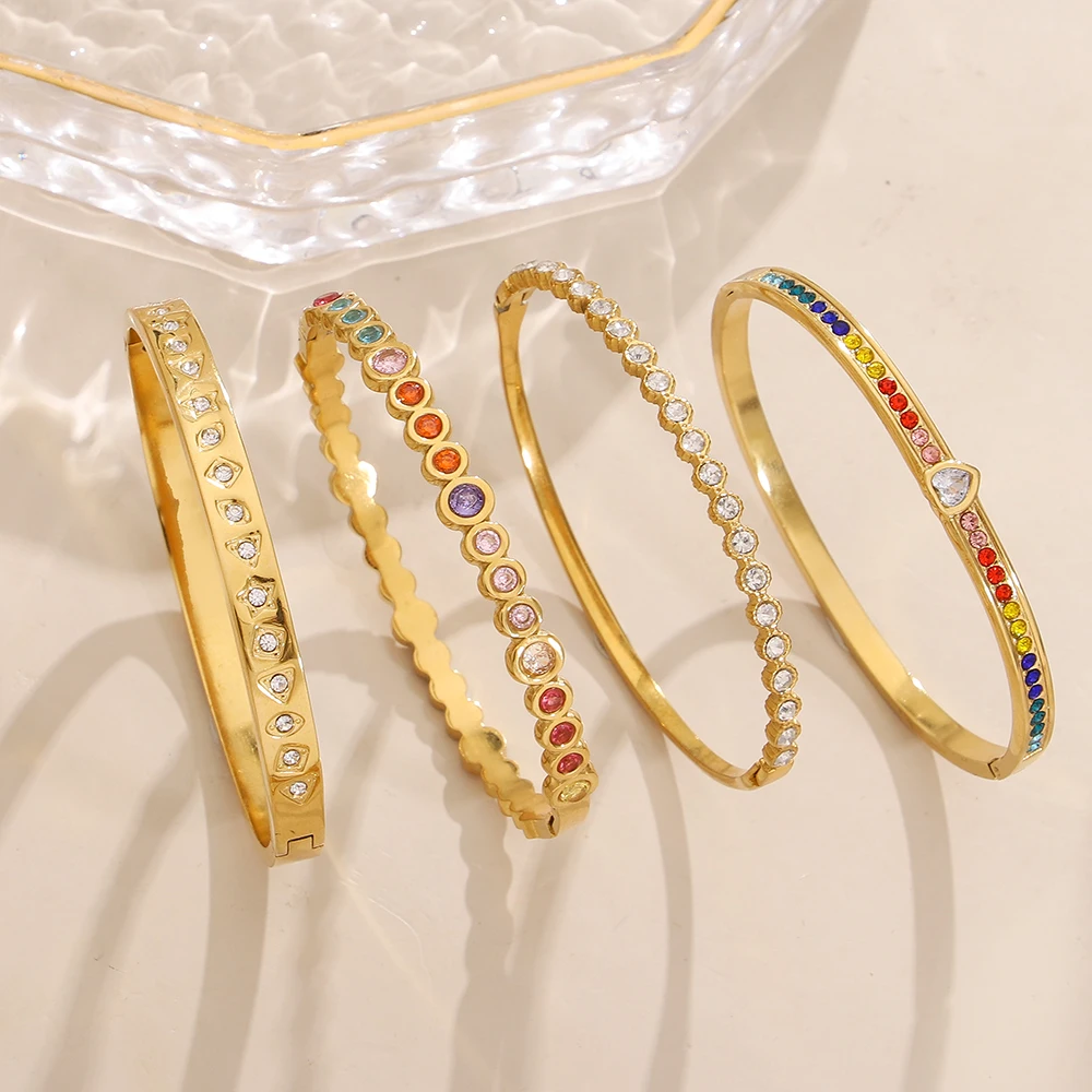 Bohemian Multi-Shape Cubic Zirconia Bangle Set Gold Plated Stainless Steel Colorful Stackable Jewelry For Women Daily Party