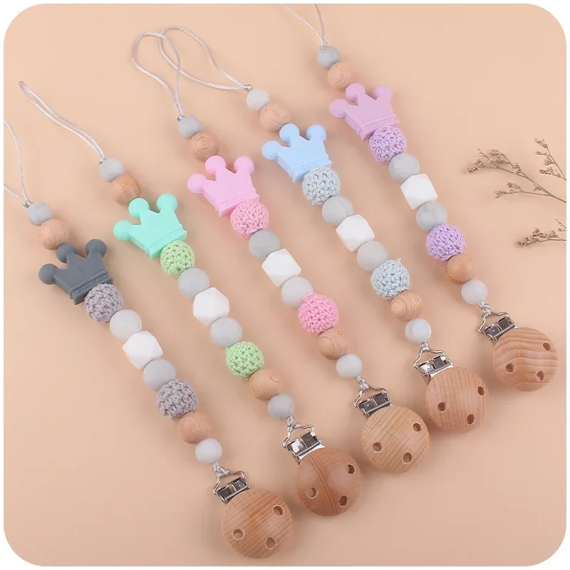 Kissteether 10 Colors Stock Baby Teething Bead Pacifier Chain Clip Beech Wooden Chewable Baby Pacifier Clip Holder Care Chew Toy