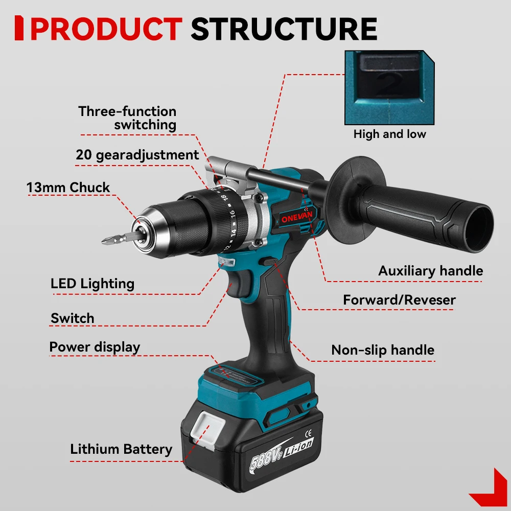 ONEVAN 13MM 650NM Bürstenlosen Elektrischen Schlagbohrmaschine Akkuschrauber Bohrer Li-Ion Batterien Power Tool Für makita 18v batterie