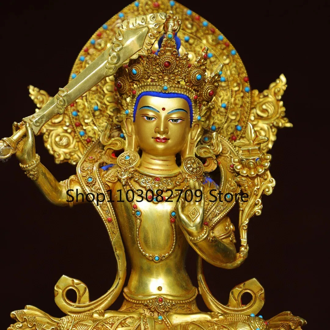 Tibetan brass gilt painted face inlaid with precious stones Manjushri Bodhisattva Tara ornament home incense case Buddhist hall