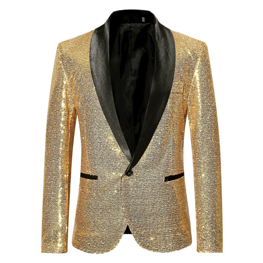 Giacca Blazer impreziosita con paillettes in oro lucido giacca da uomo Nightclub Prom Suit cappotti Costume da uomo Homme Stage Clothes per cantanti